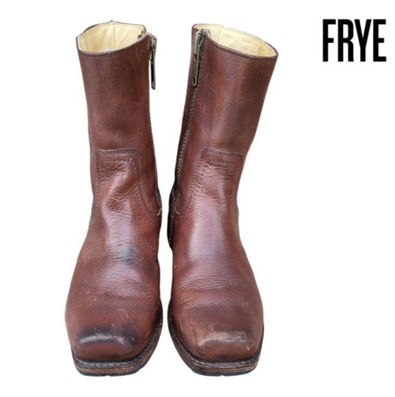FRYE Square Toe Biker Heath Burnish Brown Leather Zip Short Calf Boot Men 10.5 - Picture 6 of 16